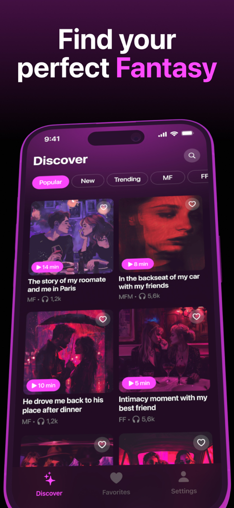 Maven - Spicy Audio Stories - La pantalla Descubrir de la aplicación Maven mostrando una variedad de historias picantes en audio y fantasías románticas.