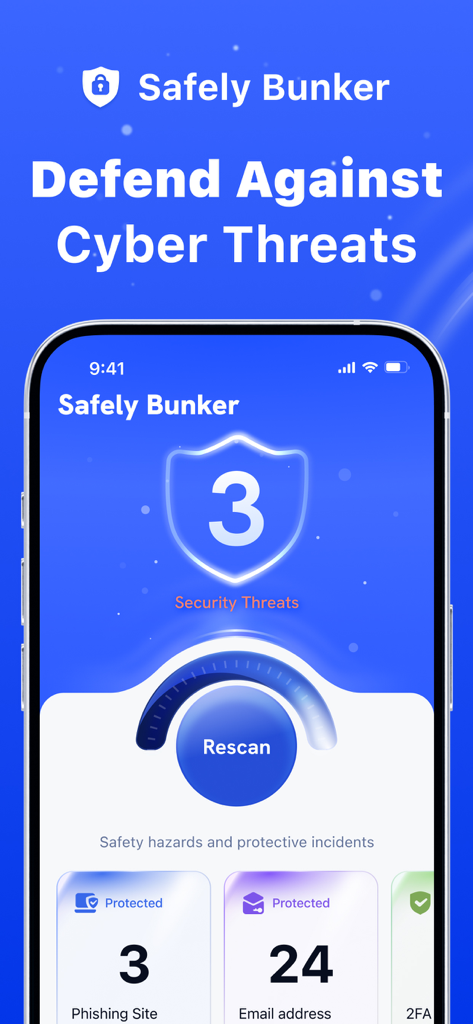 Panel de control de la aplicación móvil Safely Bunker mostrando amenazas de seguridad y estado de protección contra phishing y correos electrónicos