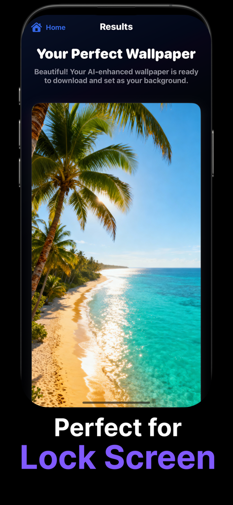 Pantalla de teléfono inteligente que muestra un fondo de pantalla 4K de playa tropical para la pantalla de bloqueo