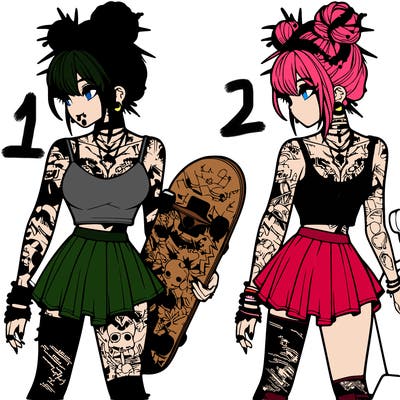anime girl hair in a bun lots of tattos and puercings holding a skateboard wearing a skirt and a tanktop at an skate park