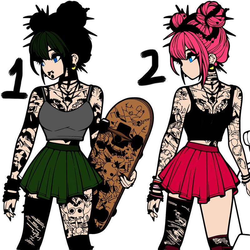anime girl hair in a bun lots of tattos and puercings holding a skateboard wearing a skirt and a tanktop at an skate park