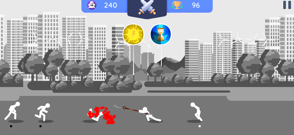 Personnage de stickman combattant avec une lance dans une bataille de ville urbaine