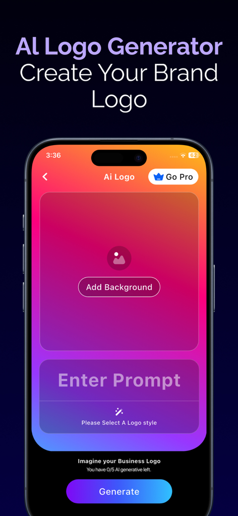 AI Logo Maker: Graphic Designs - Interface of an AI logo generator app showing a prompt input field and options to add a background for brand creation.