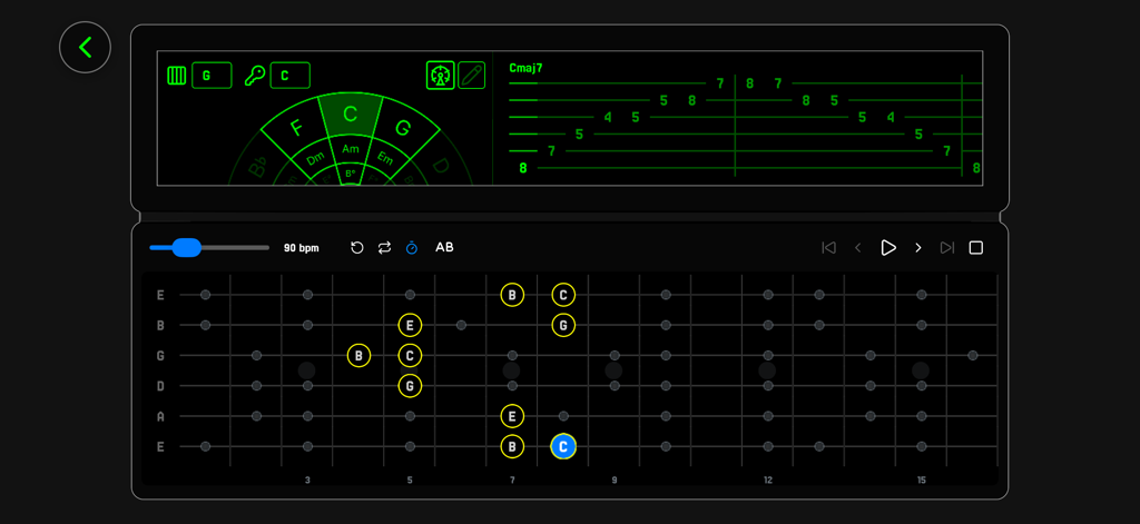 Guitar Machines! - Guitar Machines app interface visualizing a Cmaj7 arpeggio on a guitar fretboard and Circle of Fifths.