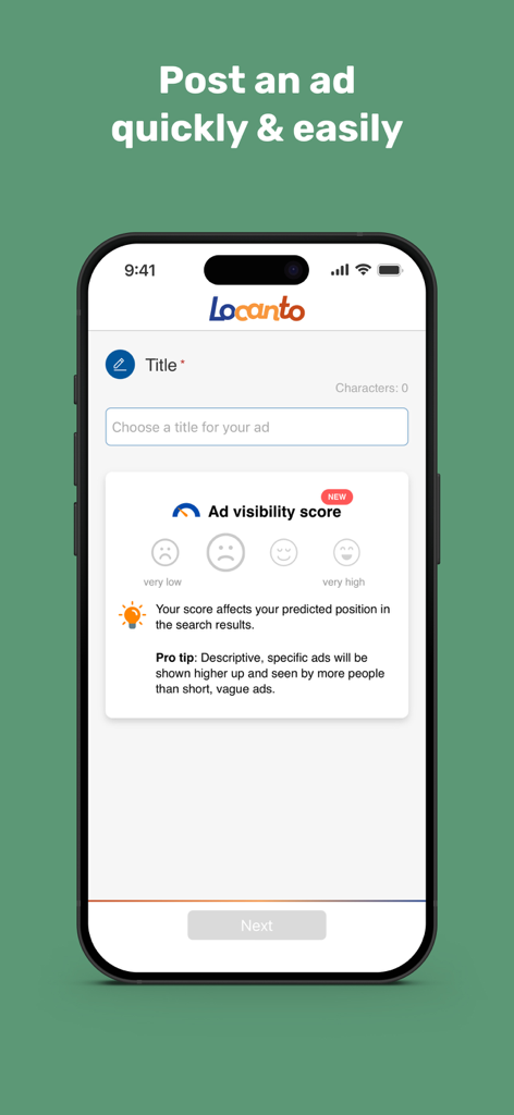 Interfaccia dell'app Locanto che mostra la schermata di pubblicazione di un annuncio con una funzione di punteggio di visibilità dell'annuncio e l'inserimento del titolo.