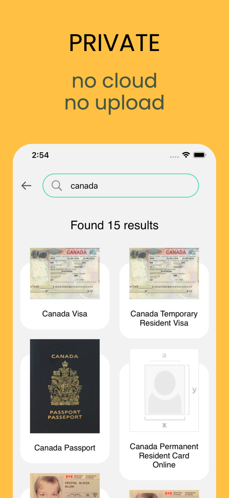Passport Photo Maker :ID Booth - Interface of Passport Photo Maker showing search results for Canadian visa and passport document types with a privacy disclaimer