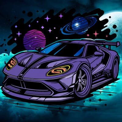 sports car with galaxy in background