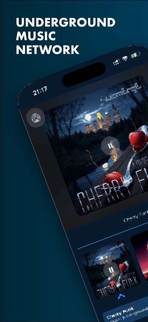 Submerge mobile app interface showing underground music radio stations and pixelated album artwork