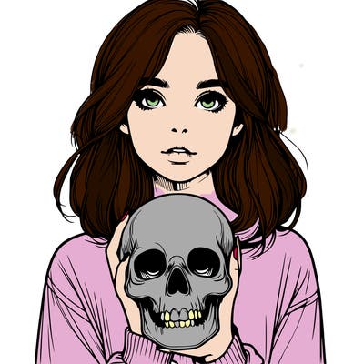 realistic girl holding a skull