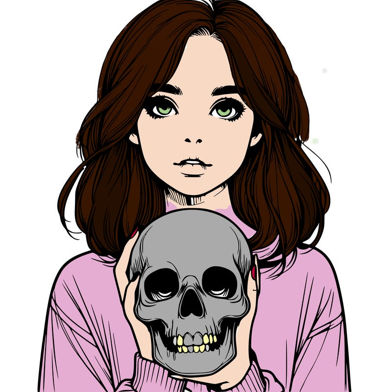 realistic girl holding a skull