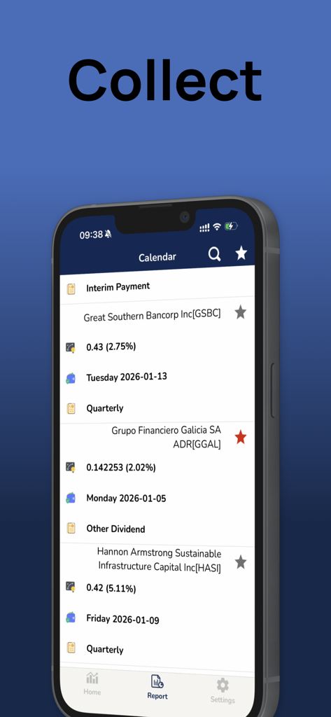 NovaBit-IN - A mobile app screen displaying a calendar of upcoming stock dividend payments and financial schedules.