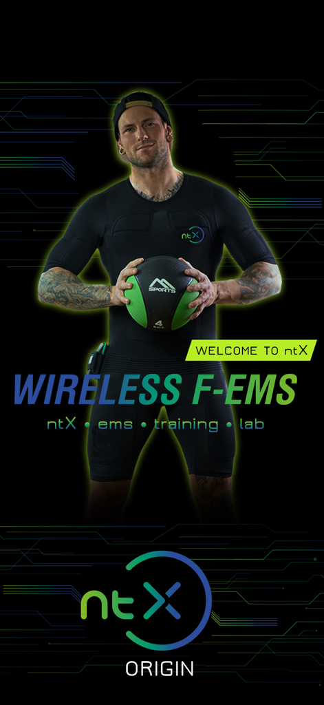 ntX Origin - Man wearing a wireless EMS training suit holding a medicine ball with ntX Origin branding