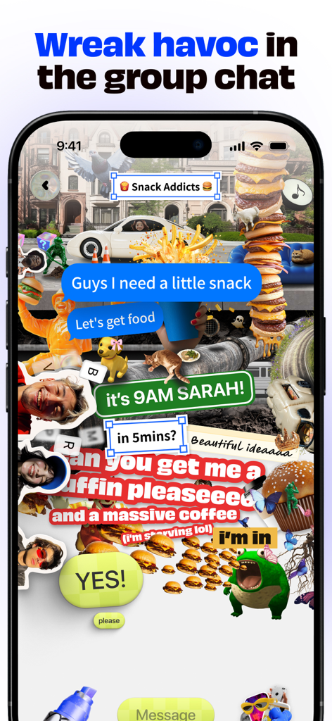 Colorful and expressive group chat in the Bump app featuring custom stickers and photos