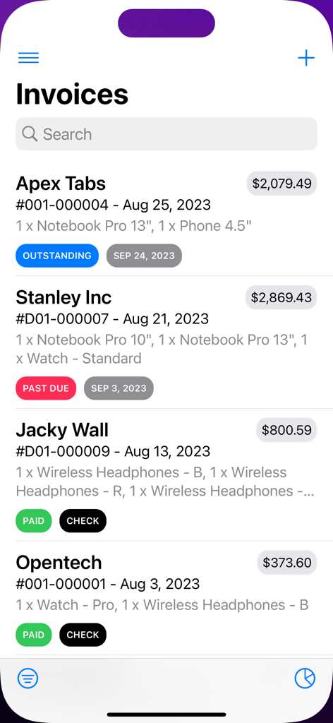 Invoice Center - Get Paid Fast - Mobile app screen showing a list of client invoices with status labels such as outstanding past due and paid