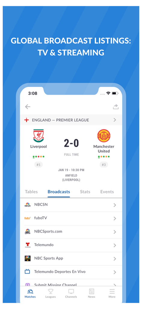 Tela do aplicativo Live Soccer TV mostrando canais oficiais de TV e streaming para uma partida da Premier League