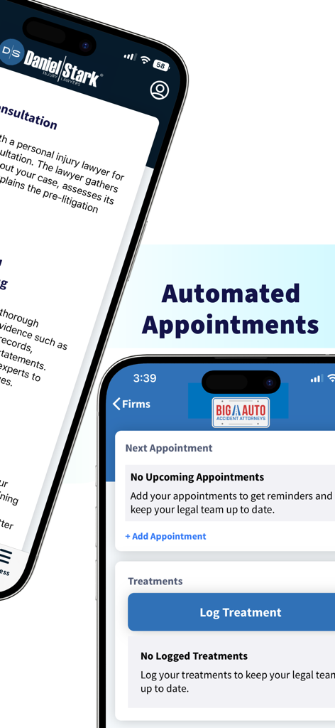 Case Status - Case Status app screen showing automated appointments and a log treatment button for legal cases