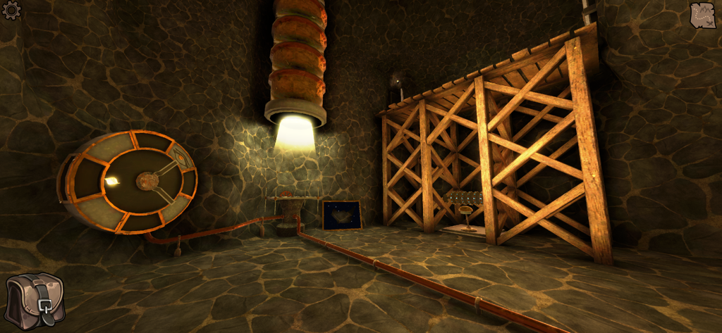 Legacy 2 - The Ancient Curse - A 3D puzzle chamber in a stone pyramid with a circular wall mechanism and wooden scaffolding