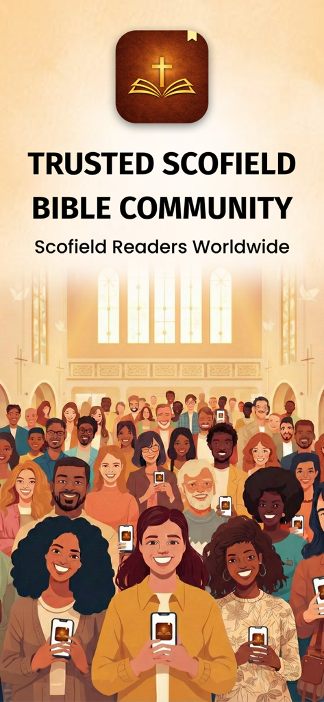 Scofield Reference Bible KJV - Eine Illustration, die eine vielfältige Gemeinschaft von Lesern weltweit zeigt, die die Scofield Reference Bible App auf ihren Smartphones nutzen.
