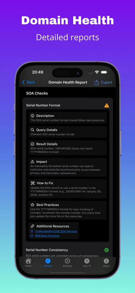 Relatório detalhado de verificação de SOA de DNS com resultados de validação e melhores práticas no aplicativo Saúde do Domínio.