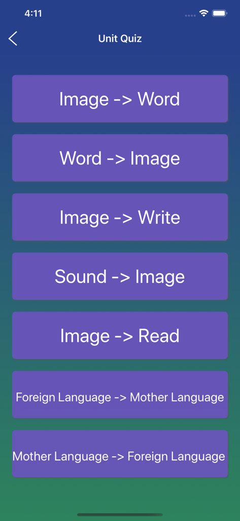 Spanish Word: Basic Vocabulary - 画像から単語、音声から画像への関連付けなど、複数の学習モードを表示しているスペイン語単語アプリのユニットクイズ画面。