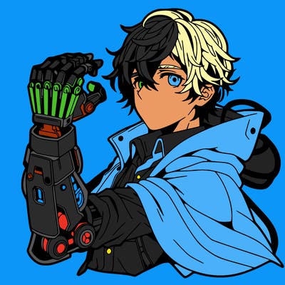 detailed anime man with robot arm