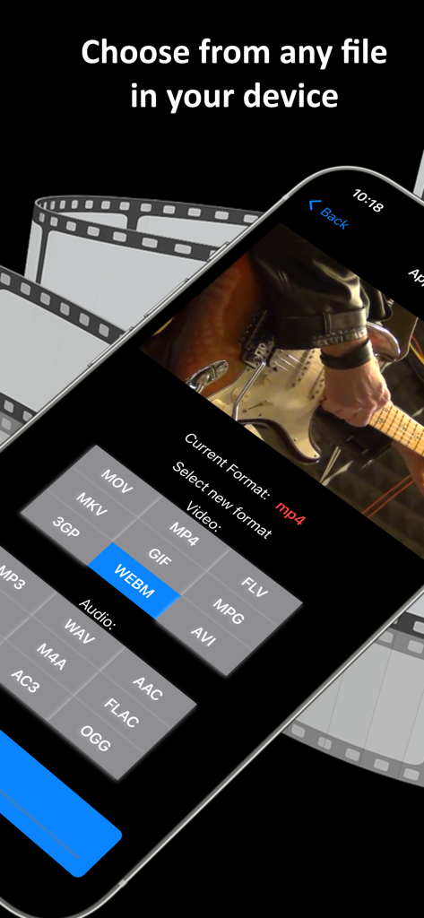 Video Files Converter: MP4,MP3 - Interface of an iOS video converter app showing various video and audio format options for conversion