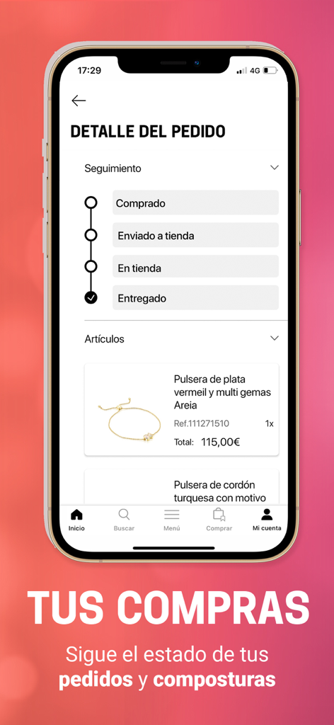 TOUS - TOUS mobile app interface showing order tracking status and purchase history for jewelry.