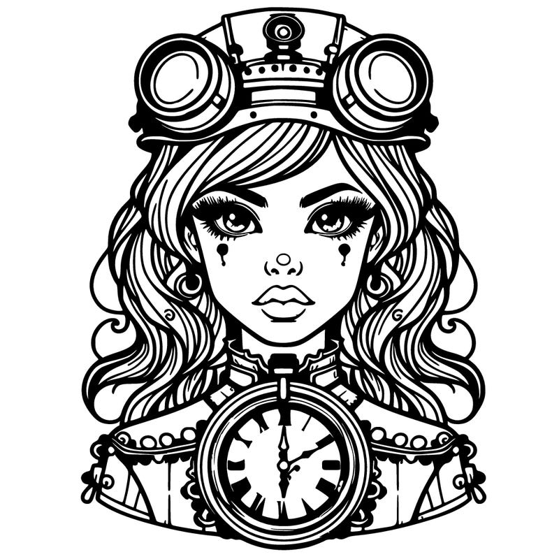 steampunk woman with a clock in front of her face
