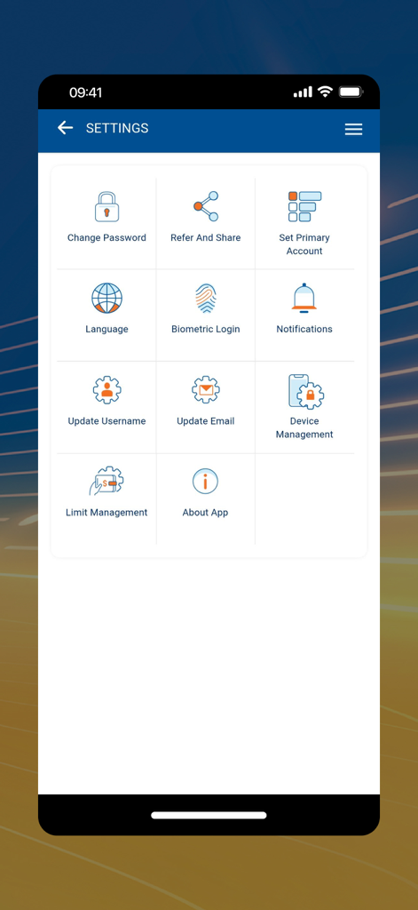 Menú de configuración de la aplicación Sacombank mBanking que muestra opciones para inicio de sesión biométrico y seguridad
