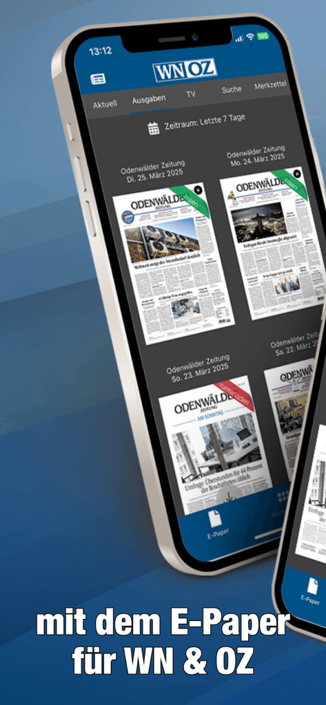 WNOZ - Smartphone-Bildschirm mit dem digitalen Zeitungsarchiv in der WNOZ-App mit Ausgaben der Odenwälder Zeitung.