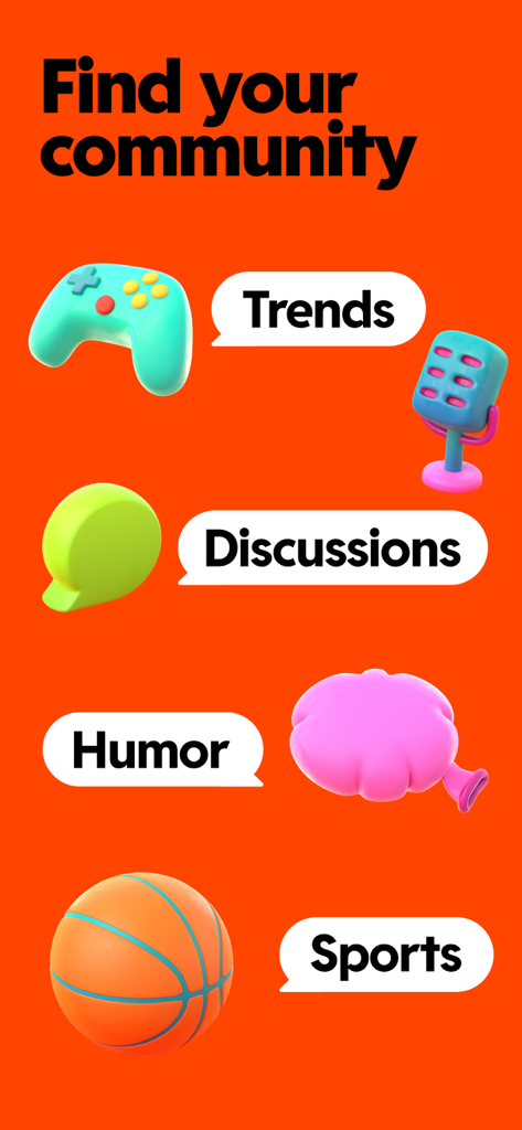 Reddit app screen with text Find your community showing categories for Trends Discussions Humor and Sports with colorful 3D icons