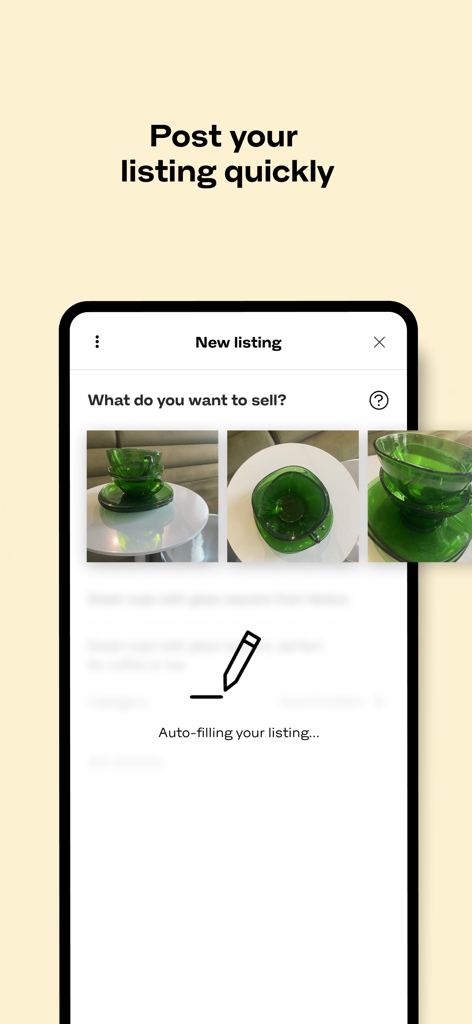 A mobile interface of the Tradera app demonstrating the auto-filling feature for a new listing of green glassware.