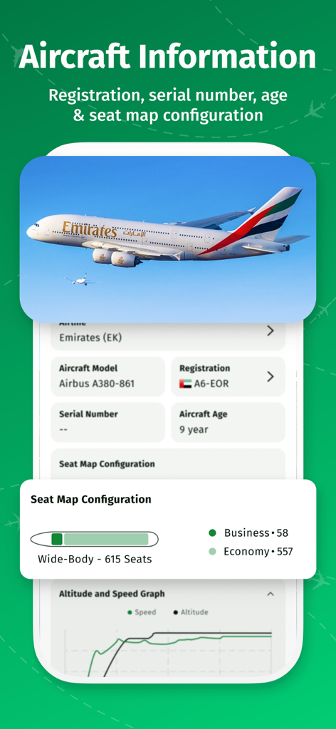 Screenshot of the AirNav Radar app showing detailed aircraft information including model registration age and seat map configuration for an Emirates flight