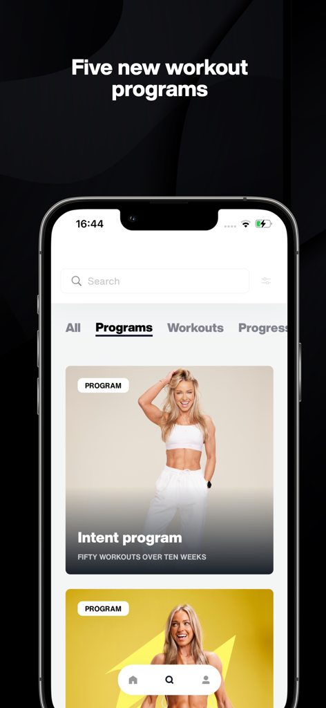 Interface of the CGX fitness app displaying various structured workout programs including the Intent program.