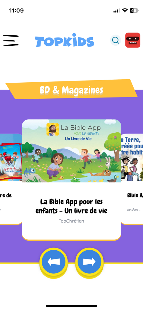 TopKids - Interface do aplicativo TopKids exibindo histórias bíblicas e quadrinhos para crianças.