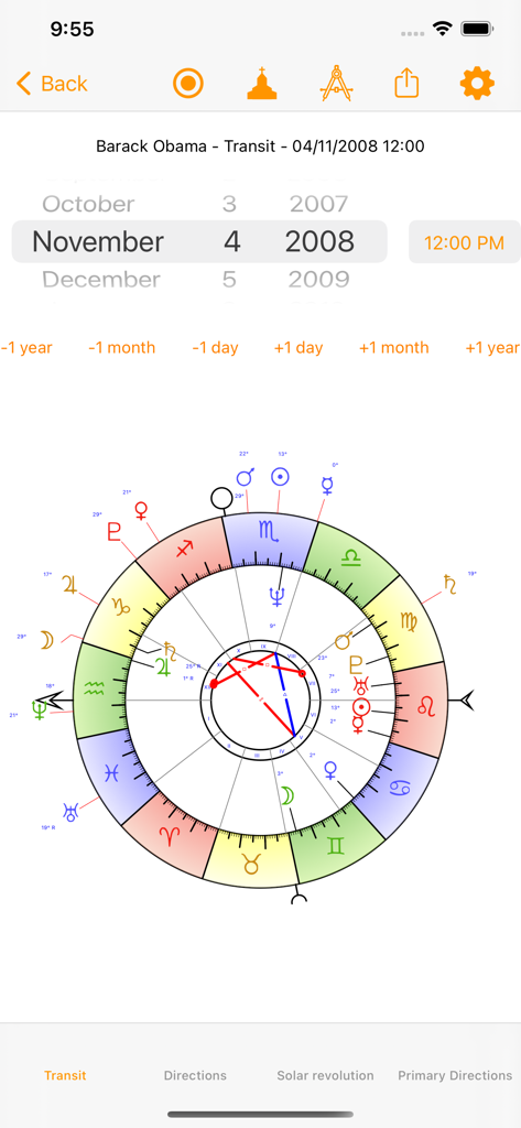 Olympia Astrology - Olympia Astrologyアプリで、惑星の位置とアスペクトを示す技術的なトランジット占星術チャートインターフェース。