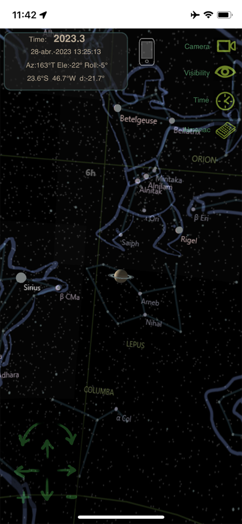 Planet Fun 앱의 스크린샷으로 오리온자리와 토성이 있는 하늘 지도 표시