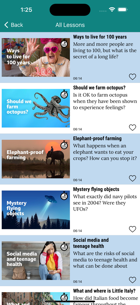 6 Minute English (+Worksheets) - A list of topical English language learning lessons with titles and descriptions.