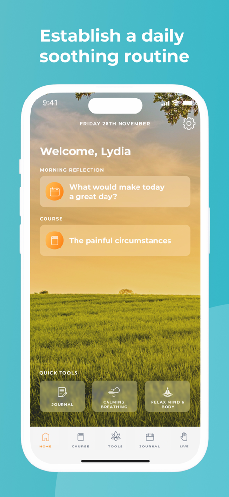 Grief Works app interface showing morning reflection prompts and quick tools for self care.