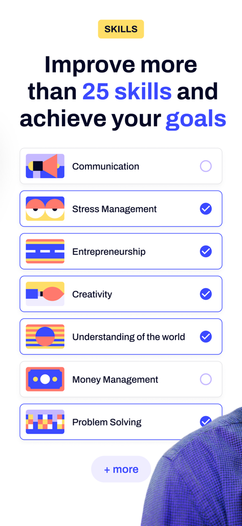 Eine Liste von beruflichen und persönlichen Fähigkeiten, die in der 4books-App verbessert werden können, einschließlich Unternehmertum und Stressbewältigung