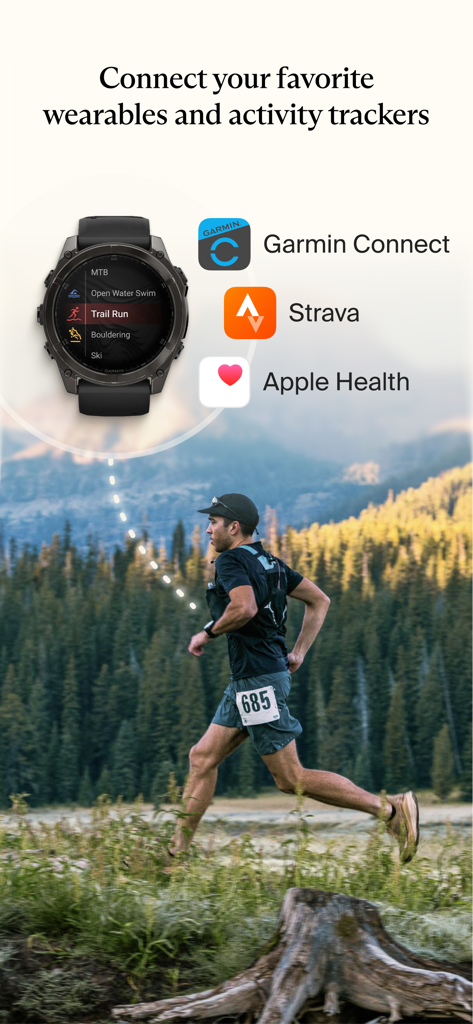 Pantalla de la aplicación Therabody que muestra las opciones de conexión de Garmin Strava y Apple Health para el seguimiento de la actividad.