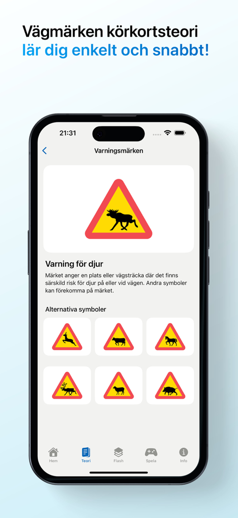 Vägmärken – ta körkort - Mobile app screen displaying Swedish warning signs for various animals including a moose and deer