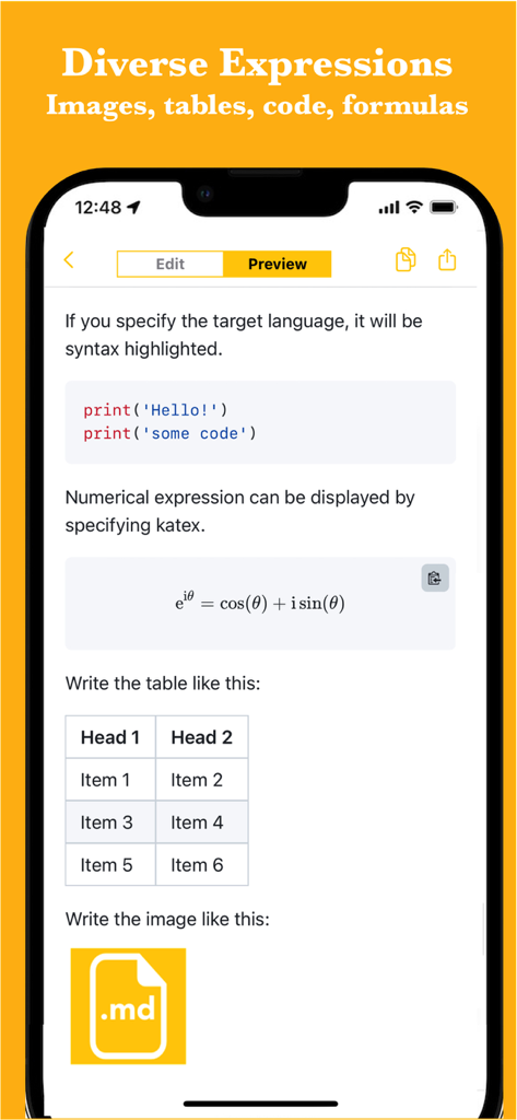 Simple Markdown Editor - Preview screen of the Simple Markdown Editor app showing code syntax highlighting math formulas and tables.