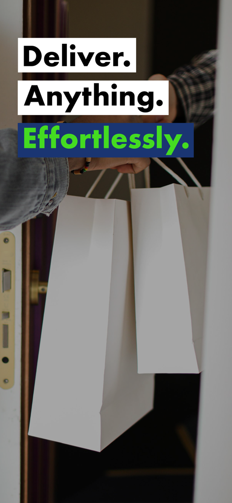 Qargo: Request a Delivery - A person handing over white shopping bags at a doorway with the text Deliver Anything Effortlessly