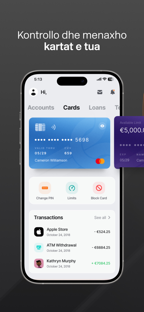 Union Bank Business mobile app interface showing business card management with options to change PIN, set limits, and view transactions.