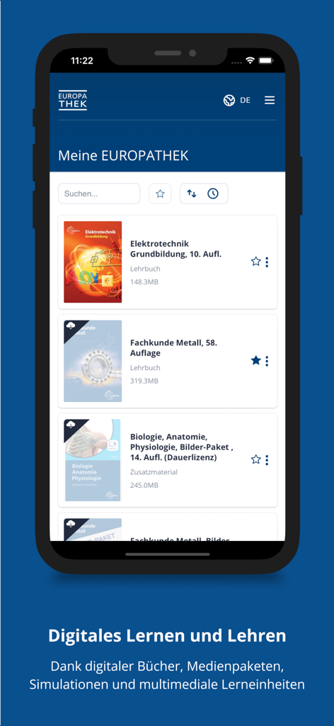 EUROPATHEK App-Bibliotheksbildschirm mit digitalen Lehrbüchern für die technische Berufsausbildung in deutscher Sprache
