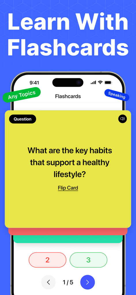 Quiz Maker and AI Flashcards - 모바일 앱 화면에 회상 학습을 위한 질문이 있는 디지털 플래시카드가 표시됨