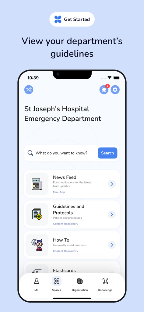 Interface de l'application mobile Eolas Medical montrant les directives cliniques et les protocoles d'un service d'urgence hospitalier