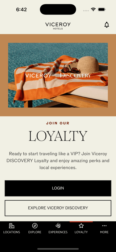 Viceroy Hotels - VIP 여행 혜택과 풀사이드 럭셔리를 특징으로 하는 Viceroy Hotels 모바일 앱 로열티 화면