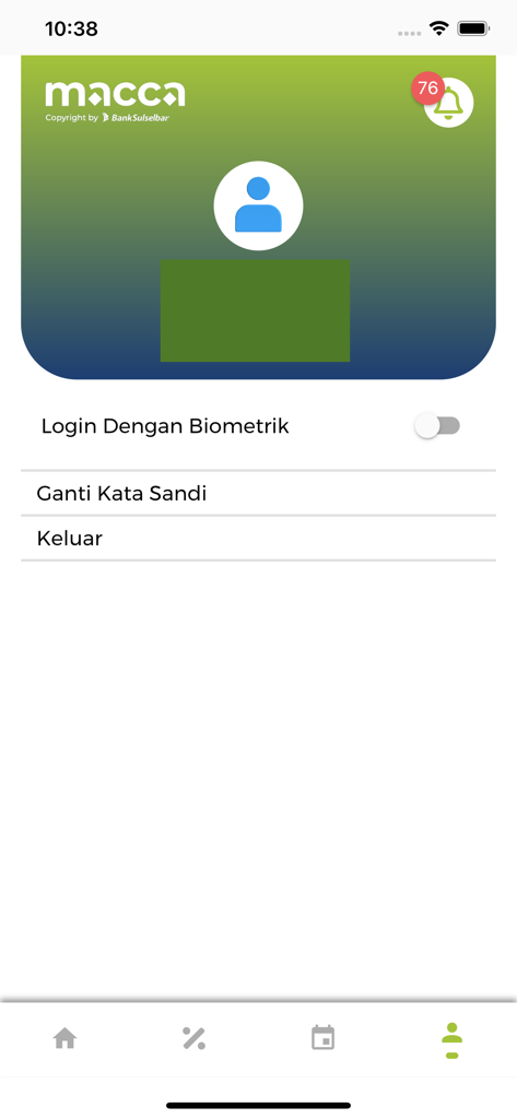 Macca Apps - User profile settings screen in the Macca banking sales automation app showing biometric login and password options